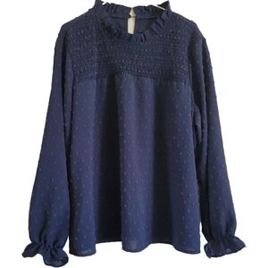 SHEIN Navy Blue Women's Top Blouse With Ruffles and Smocking